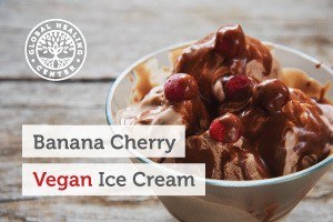 A bowl of cherry chocolate chunk vegan ice cream. This delicious vegan ice cream is packed with healthy nutrients.