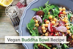 A vegan Buddha bowl. This recipe is filled with cooked and raw ingredients that provide the body with essential nutrients. 