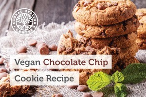 A stack of gluten-free vegan chocolate chip cookies. This recipe is a healthier option to the usual flour-based cookies.