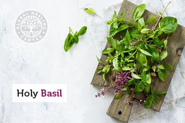 Holy basil on a cutting board. This therapeutic herb can be used to make tea or as a supplement.
