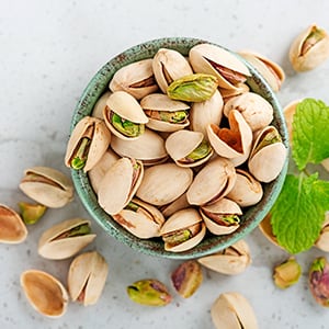 A bowl of pistachios. Pistachios are a great source of omega-3 fatty acids.
