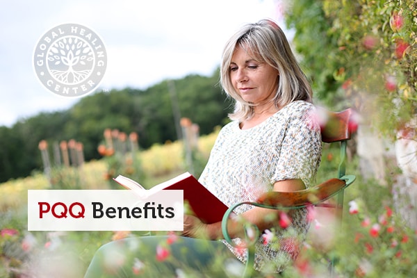 PQQ Benefits. A mature woman reading a book on a chair.